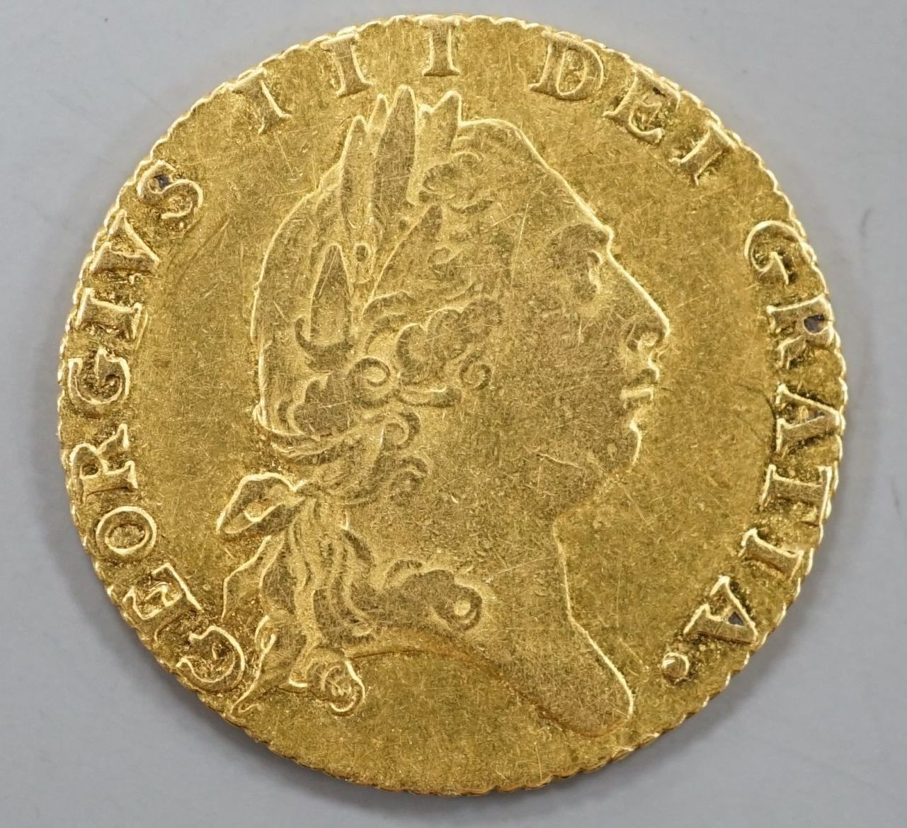 A 1796 gold half guinea, about VF.